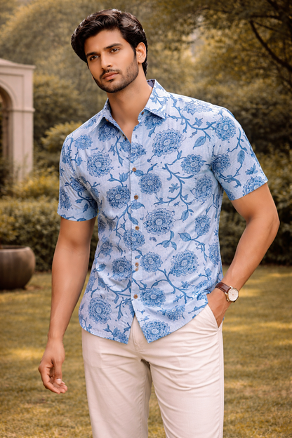 Indigo Floral Print Cotton Regular Fit Casual Shirt (Half Sleeves)