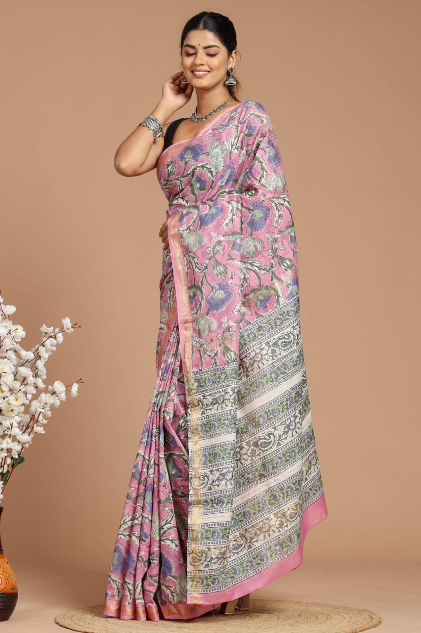 Elegant Lavender Handblock Maheshwari Silk Saree by Shreenaya