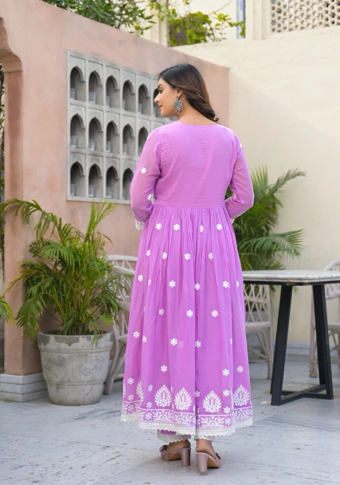 Lavender Malmal Embroidered Anarkali Pant Dupatta – Shreenaya