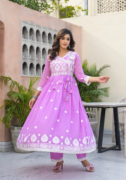 Lavender Malmal Embroidered Anarkali Kurta Pant Dupatta Set for Women – Shreenaya
