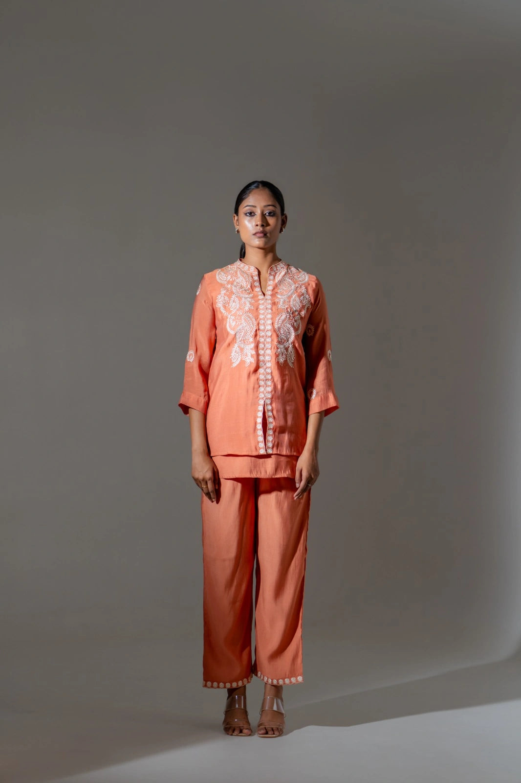 Elegant light orange mul chanderi co-ord set