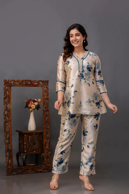 Stylish floral silk set for special occasions