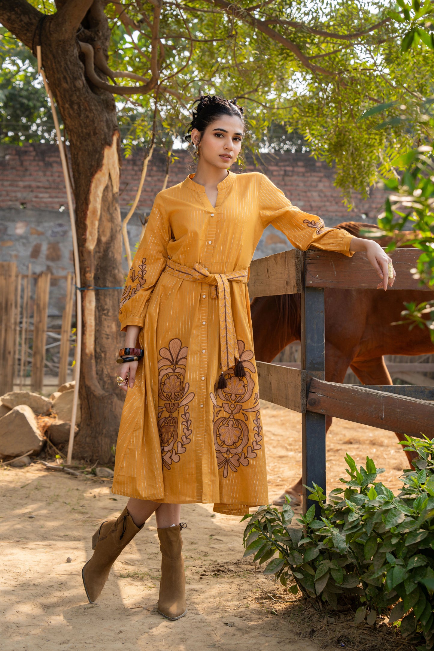 Elegant Mustard Lurex Embroidered Dress on Model