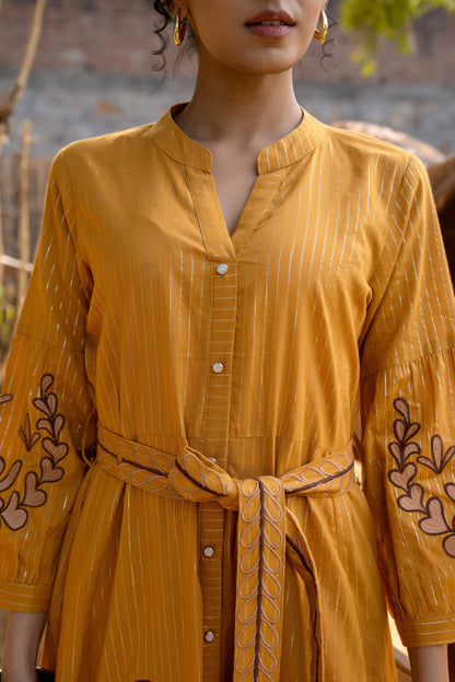 Belted Mustard Cotton Dress Close-Up Embroidery