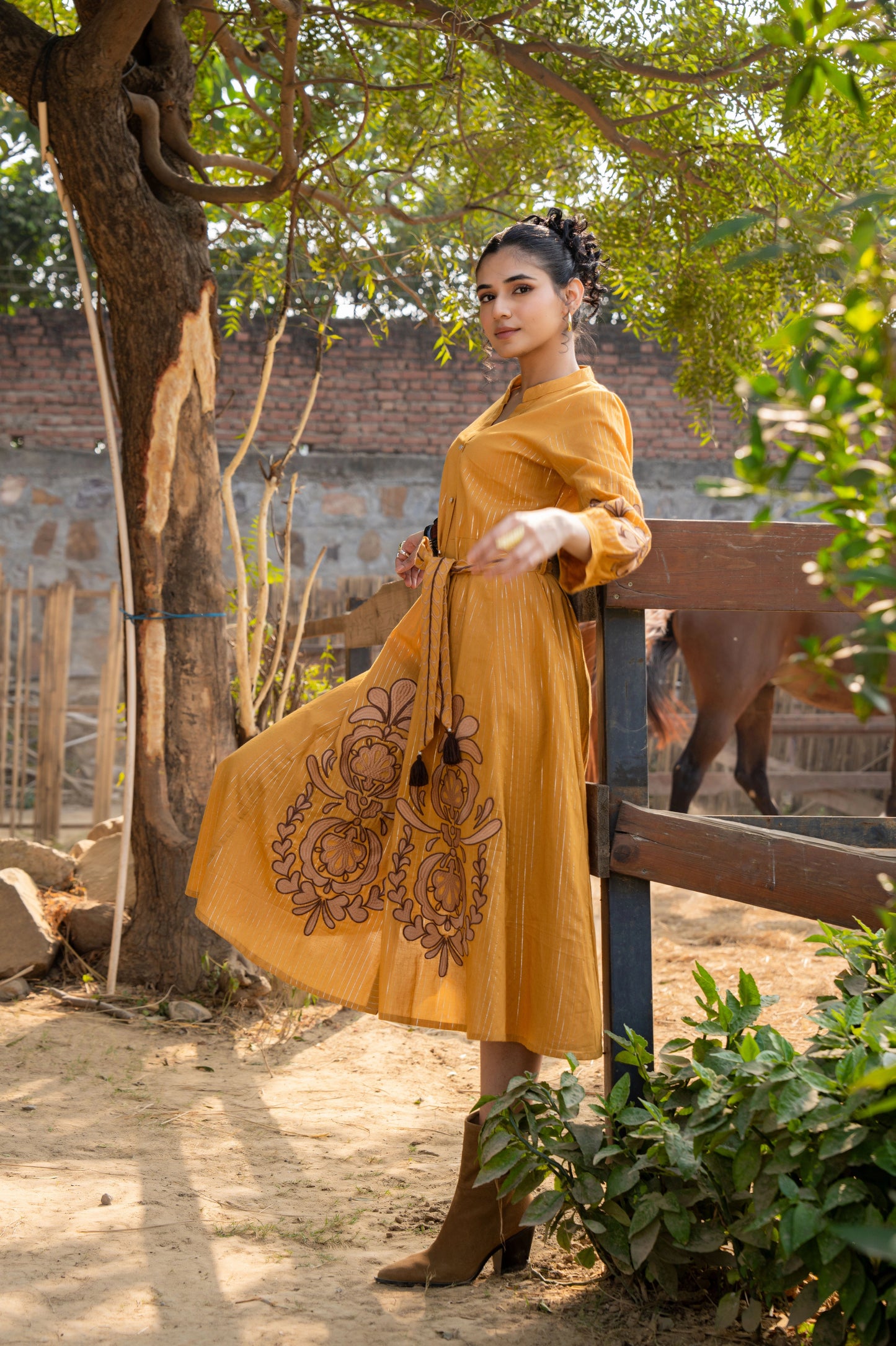 Mustard Waist Belt Cotton Dress Lifestyle Look