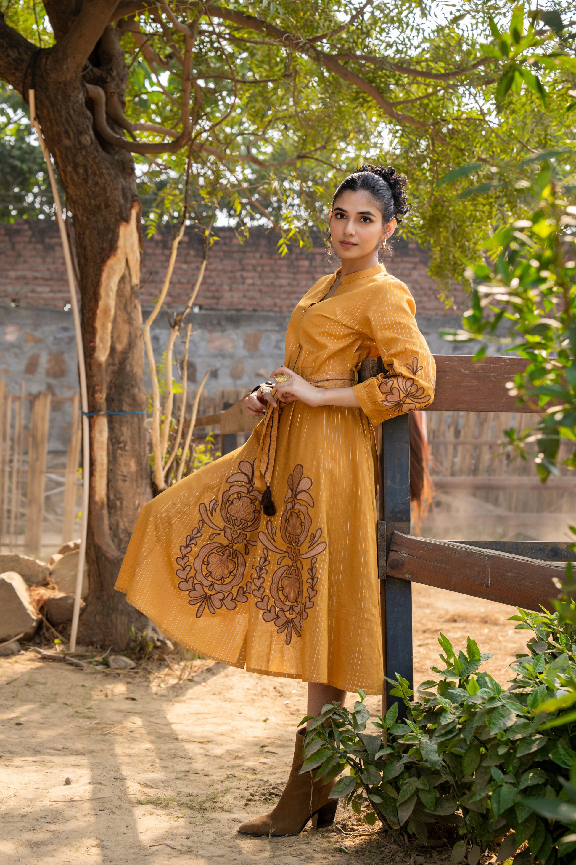 Shimmer Lurex Embroidery Detail on Mustard Cotton Dress