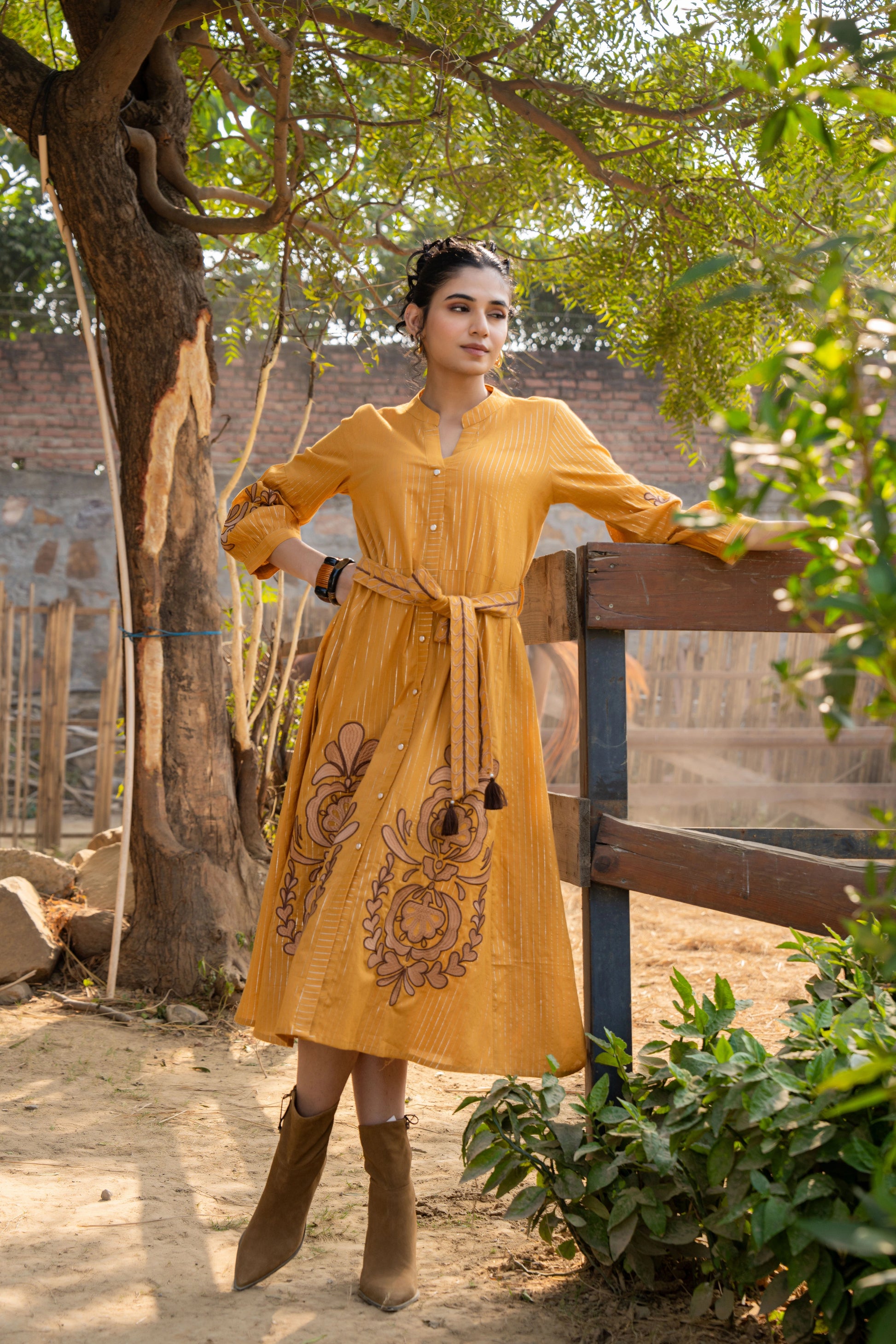 Mustard Cotton Lurex Embroidered Dress with Belt – Shreenaya