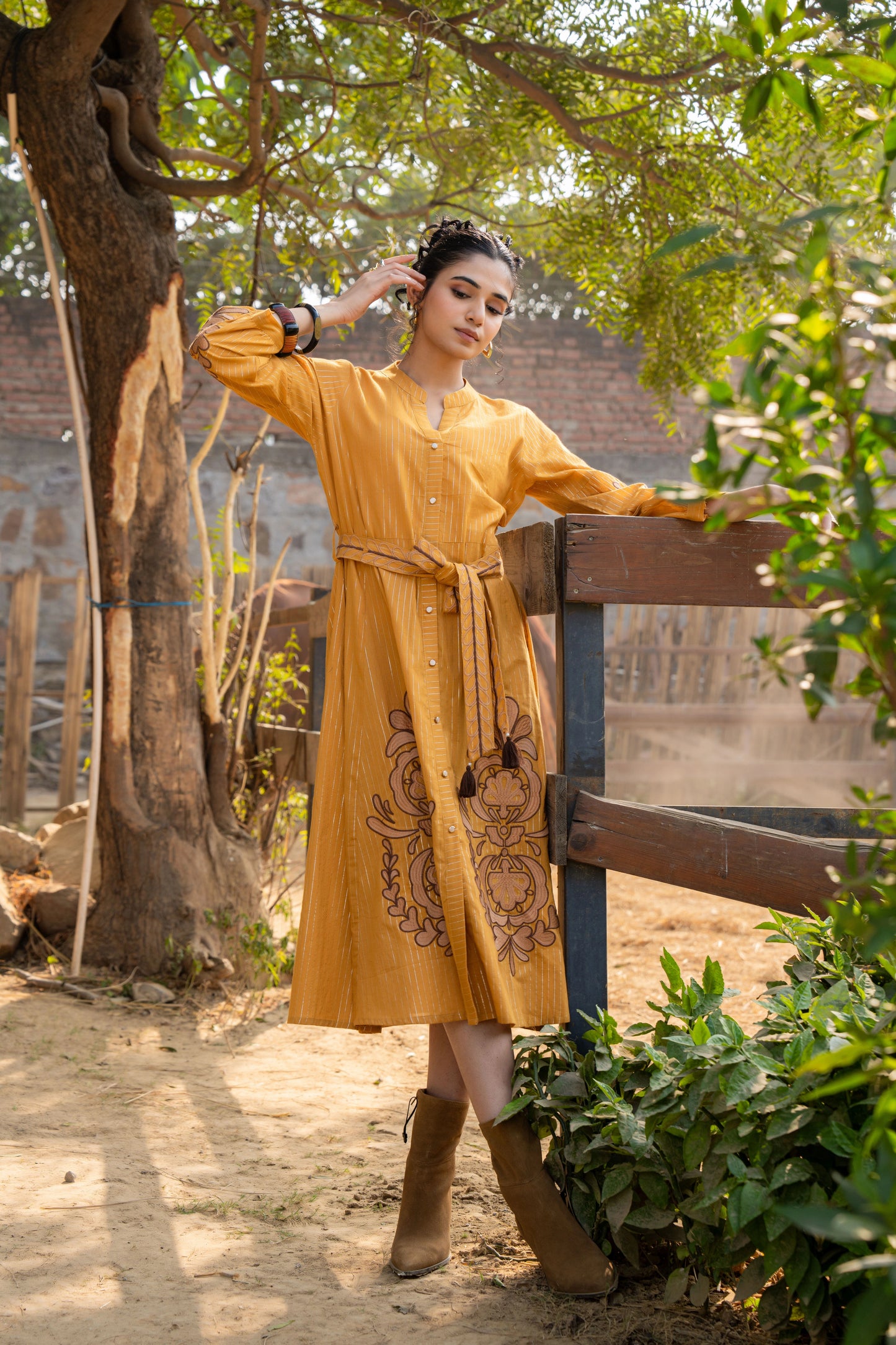 Shreenaya Mustard Dress Front View with Belt Detail