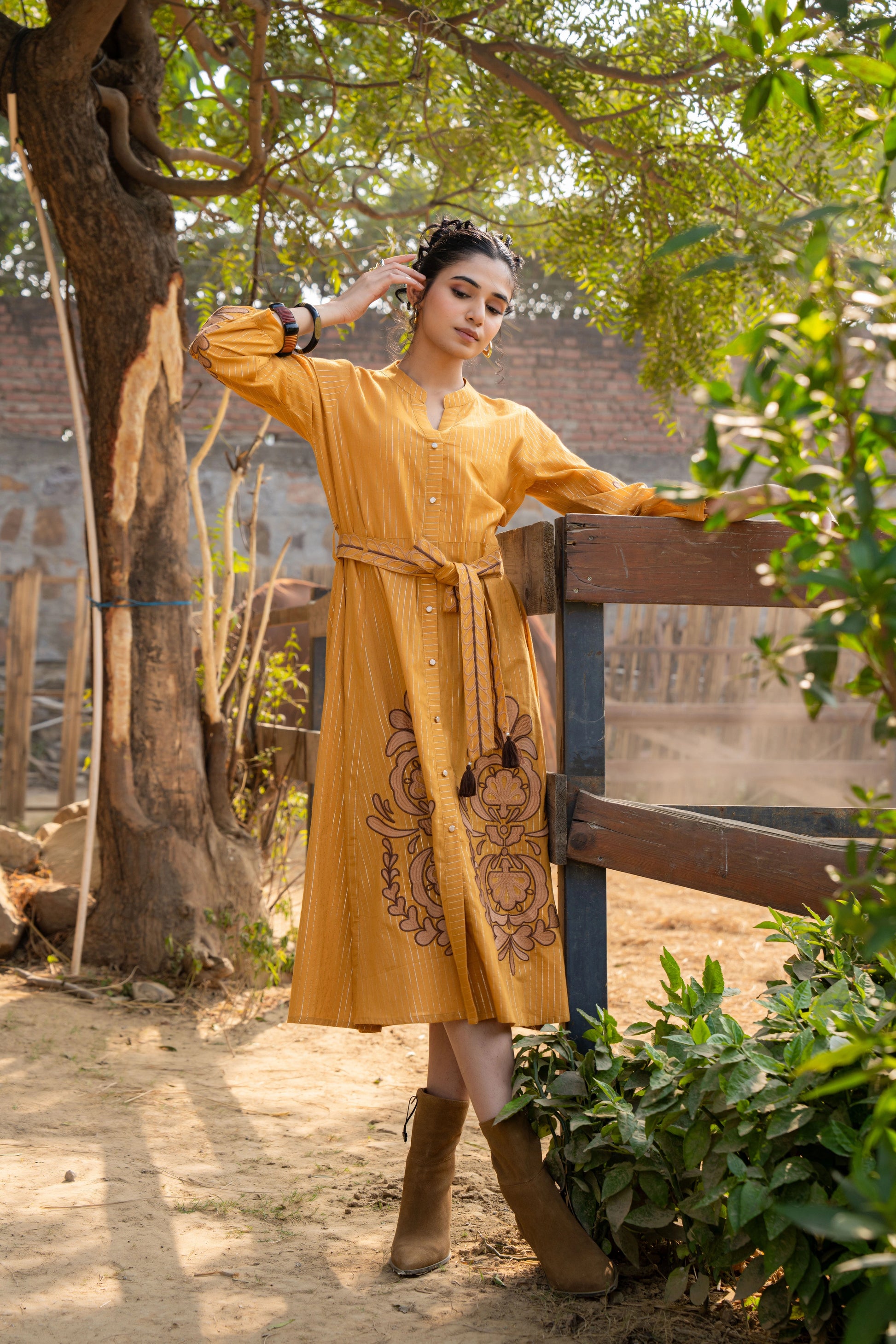Shreenaya Mustard Dress Front View with Belt Detail