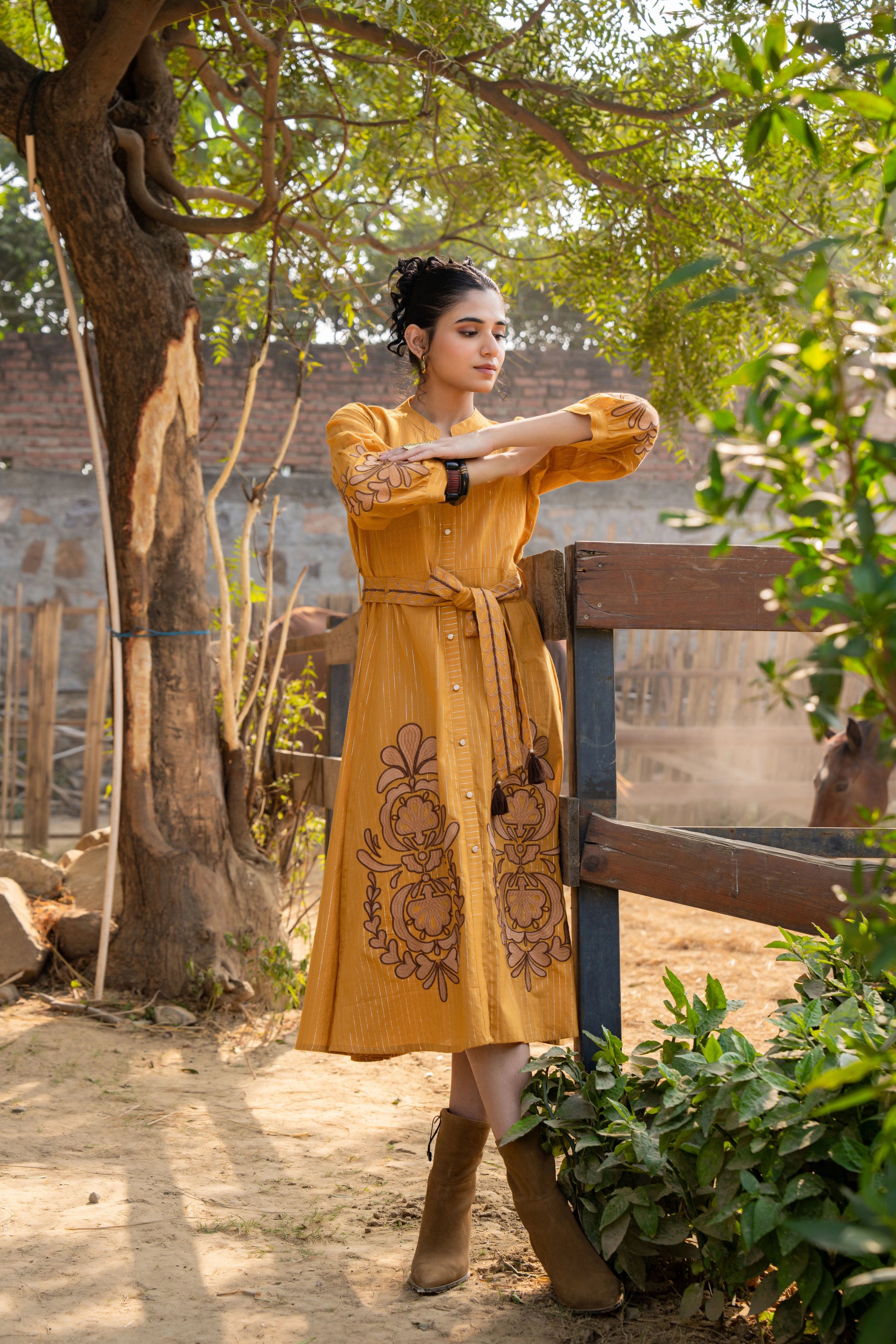Women’s Mustard Lurex Embroidery Cotton Dress with Waist Belt