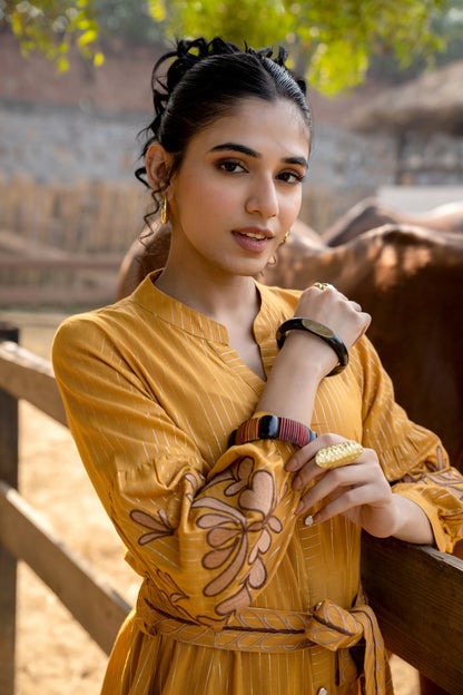 Summer Mustard Embroidered Dress with Shimmer Lurex Thread