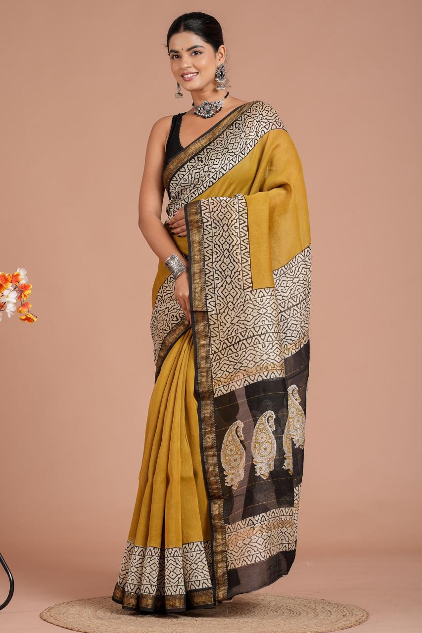 Premium Mustard Maheshwari Silk Saree Festive Wear