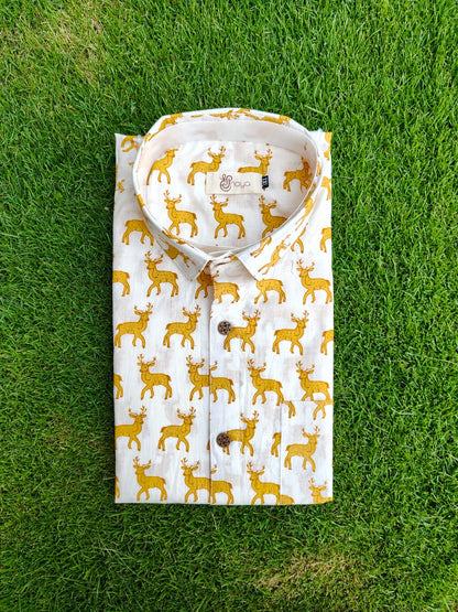 Mustard Reindeer Print Cotton Regular Fit Casual Shirt (Half Sleeves)