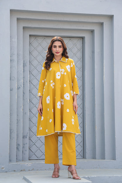 Mustard yellow floral cotton co-ord set for women