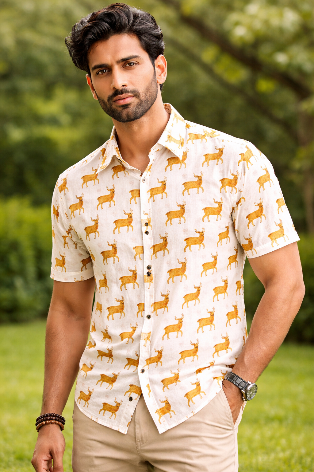Mustard Reindeer Print Cotton Regular Fit Casual Shirt (Half Sleeves)