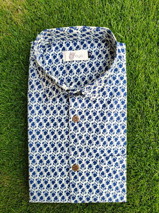 Navy Blue Floral Print Cotton Regular Fit Casual Shirt (Half Sleeves)