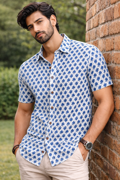 Navy Blue Floral Print Cotton Regular Fit Casual Shirt (Half Sleeves)
