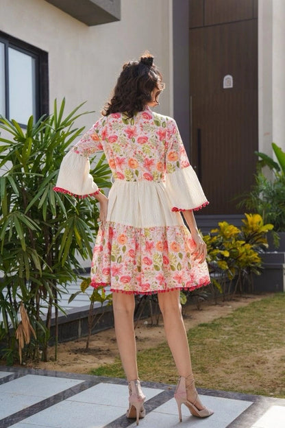 Shreenaya Off-White Cotton Floral Dress