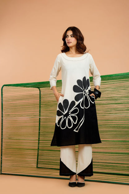 Hand painted cotton co-ord set black floral design