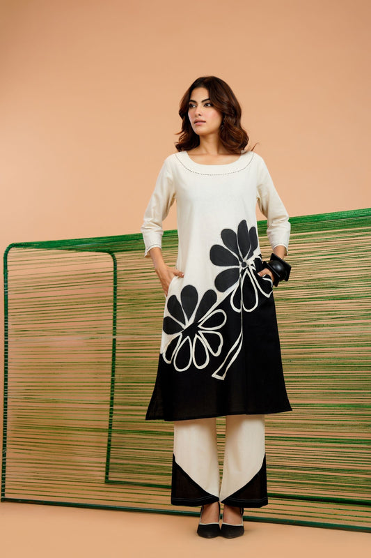 Hand painted cotton co-ord set black floral design