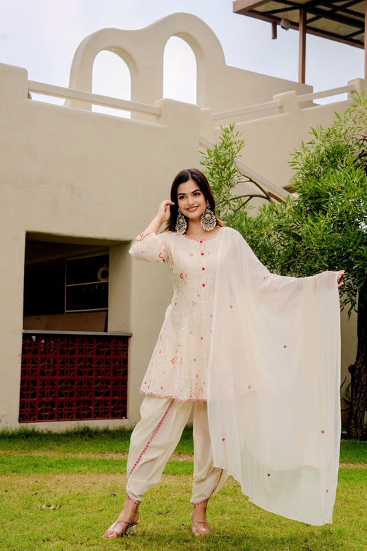 Designer off white embroidered peplum top with dhoti 