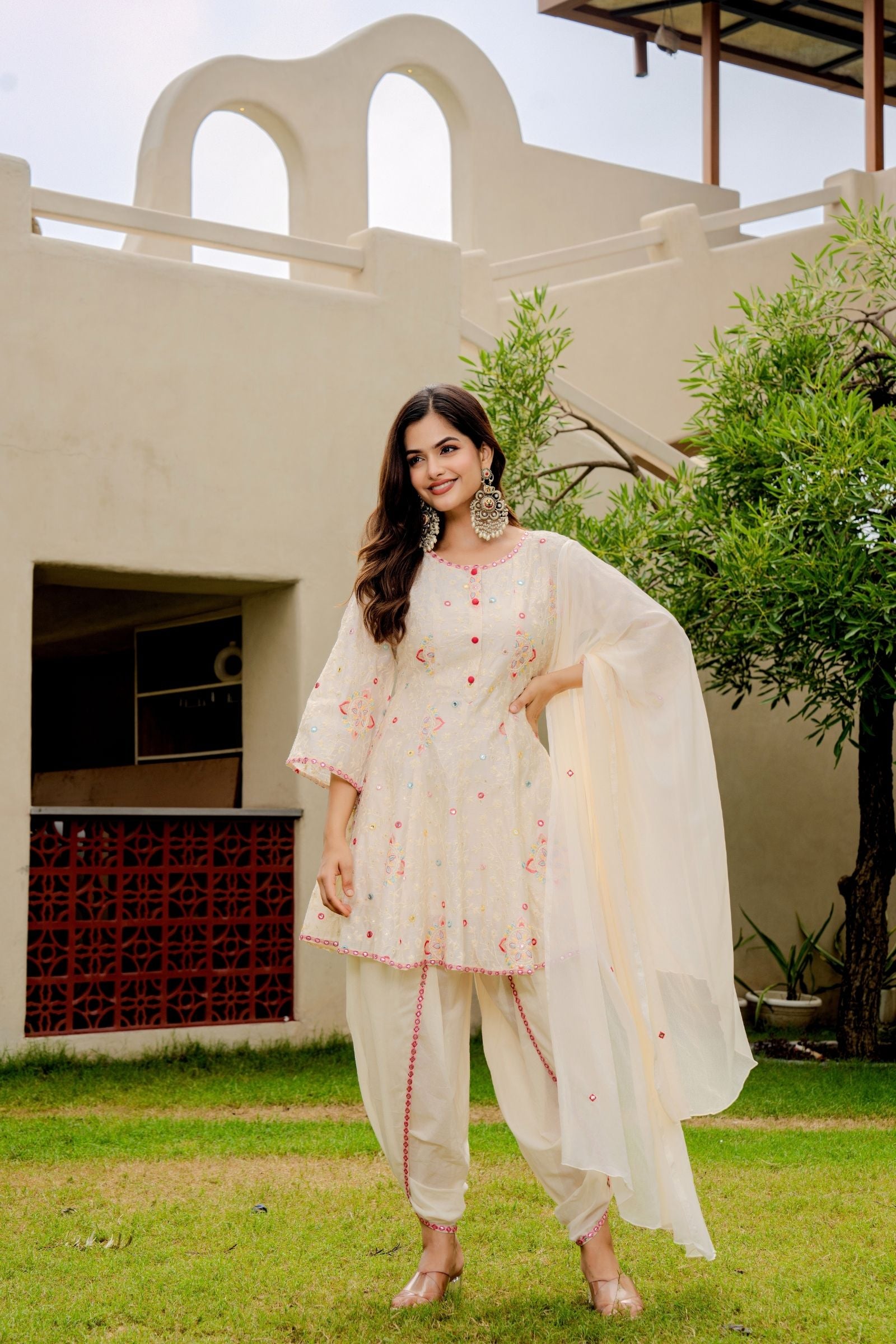off white peplum top with dhoti for women