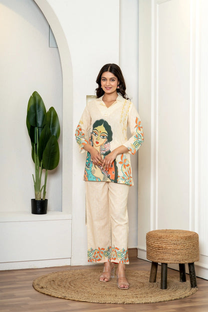 Shreenaya off-white cotton hand-painted co-ord set