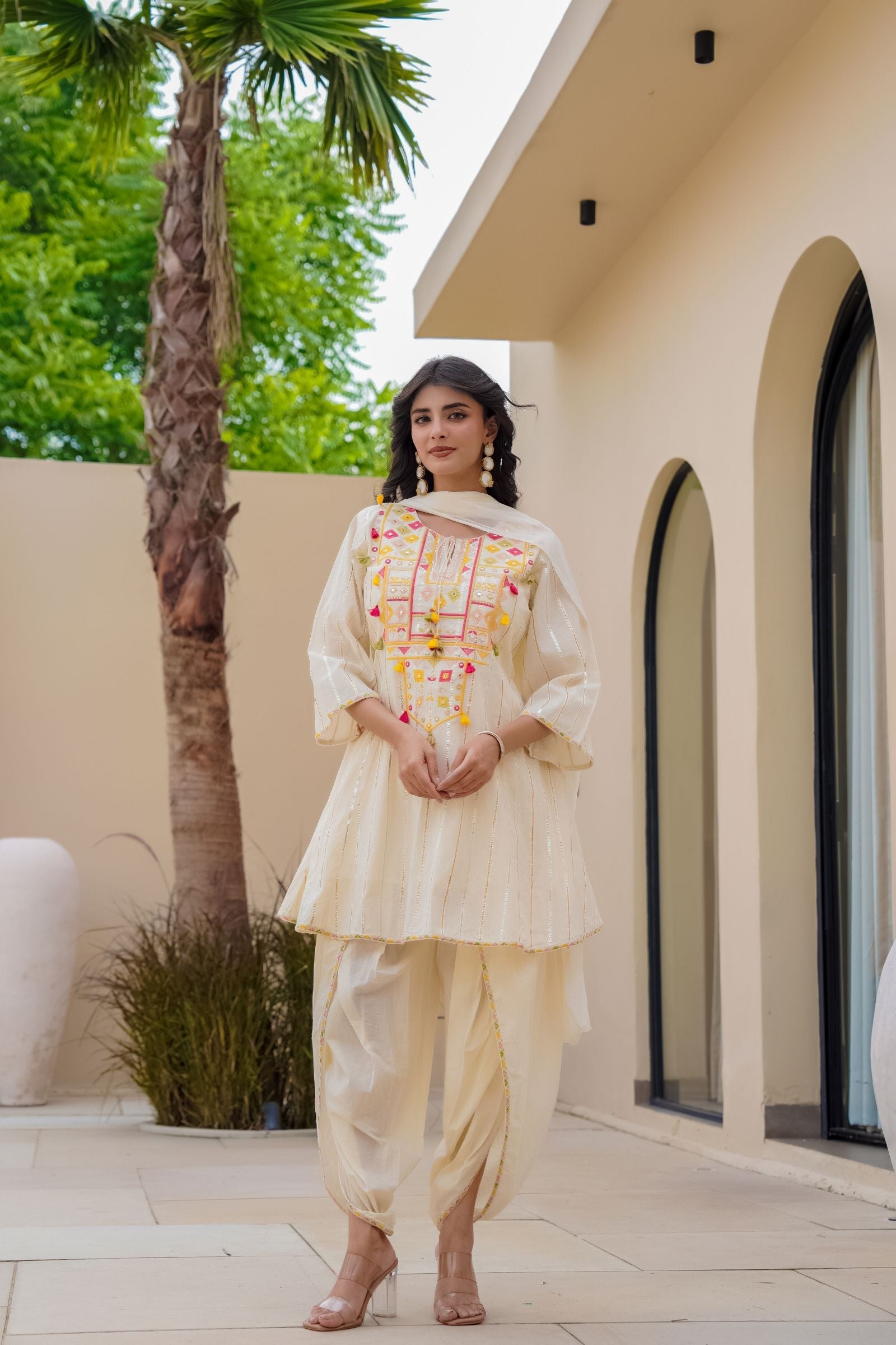 off white peplum top with dhoti set for women