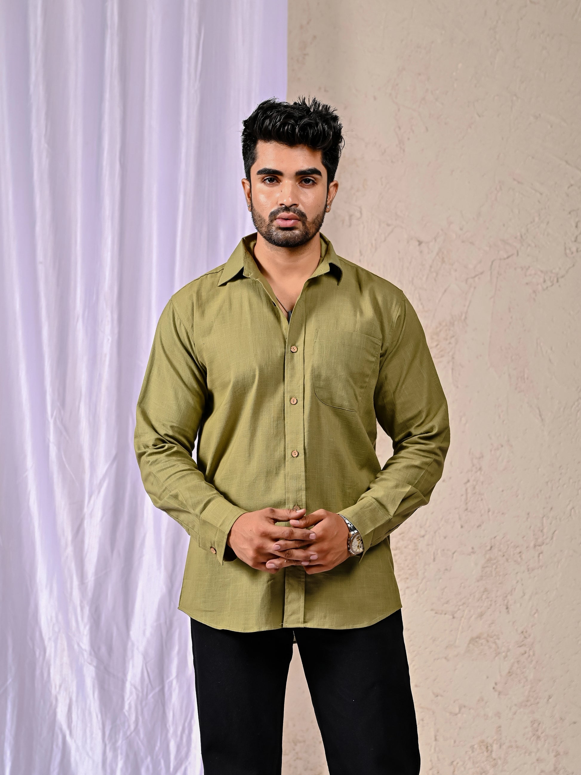 Men’s Olive Cotton-Linen Full-Sleeve Shirt Front View
