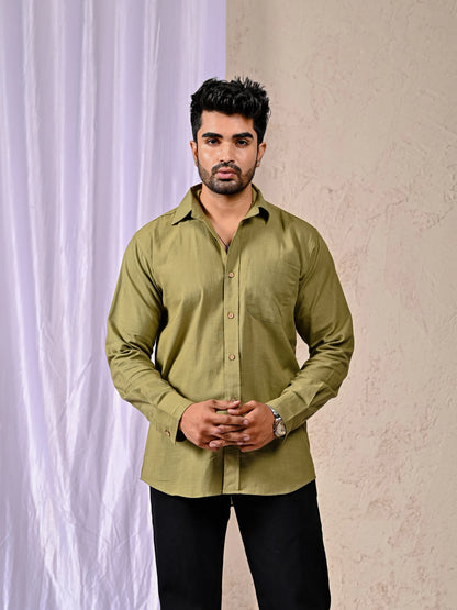 Men’s Olive Cotton-Linen Full-Sleeve Shirt Front View