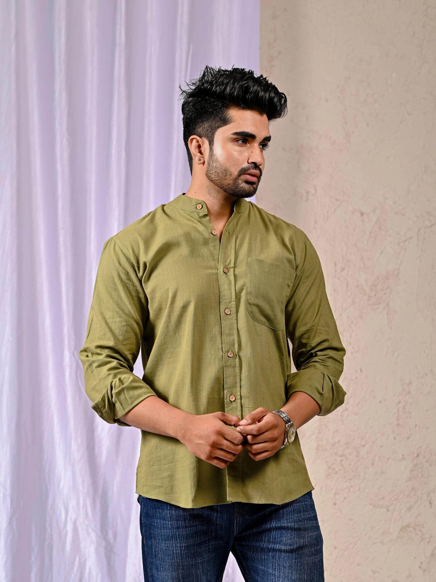 Lightweight olive linen shirt men