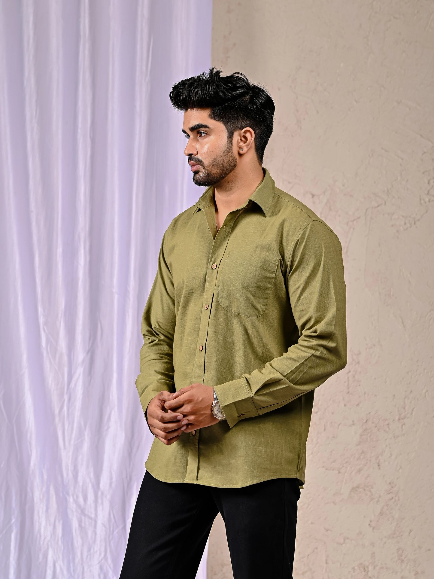 Olive Cotton-Linen Shirt Collar & Cuff Detail