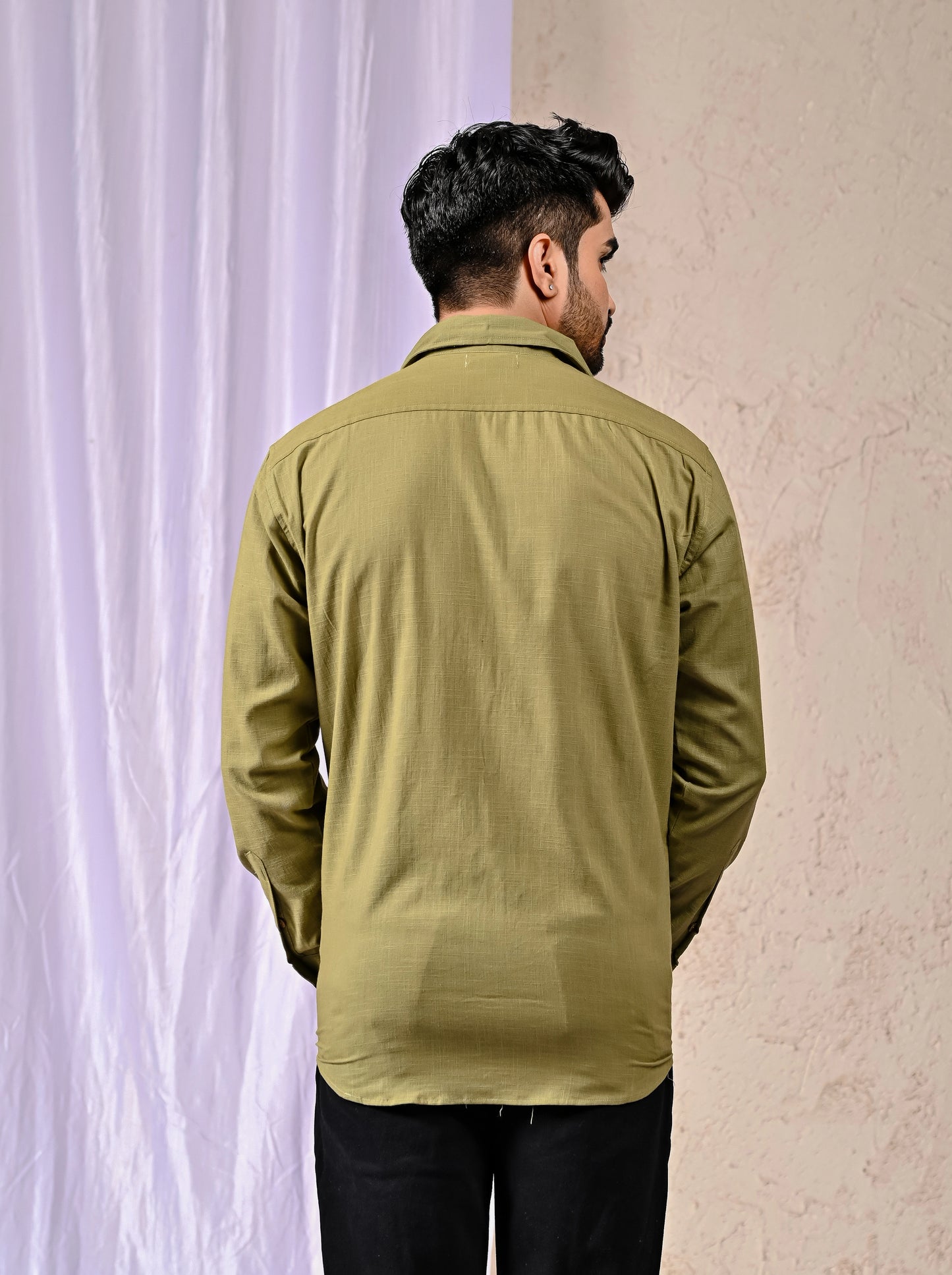 Back View Olive Cotton-Linen Casual Shirt
