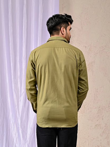 Back View Olive Cotton-Linen Casual Shirt