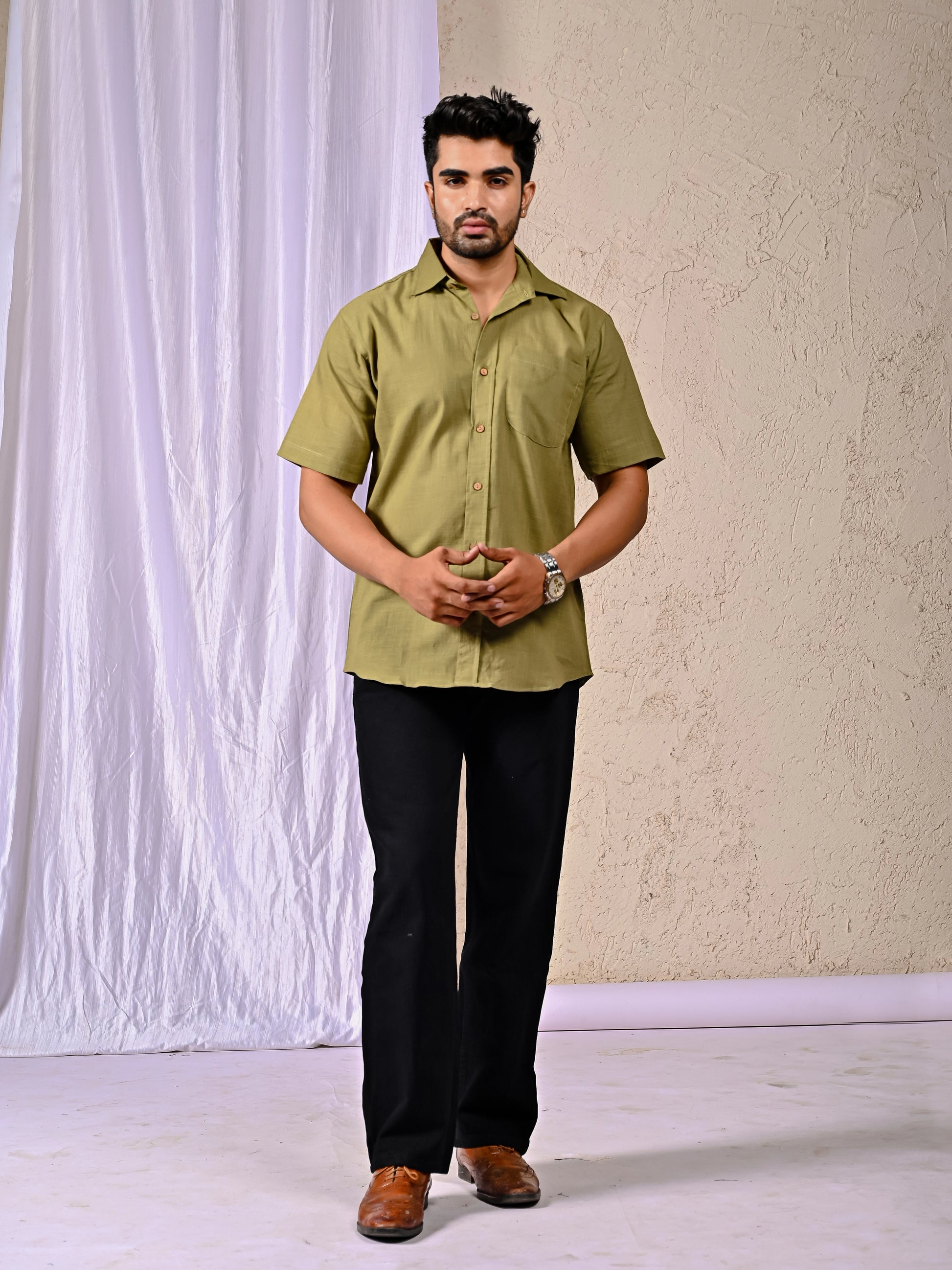 Buy Olive Cotton Linen Half Sleeve Shirt – Shreenaya