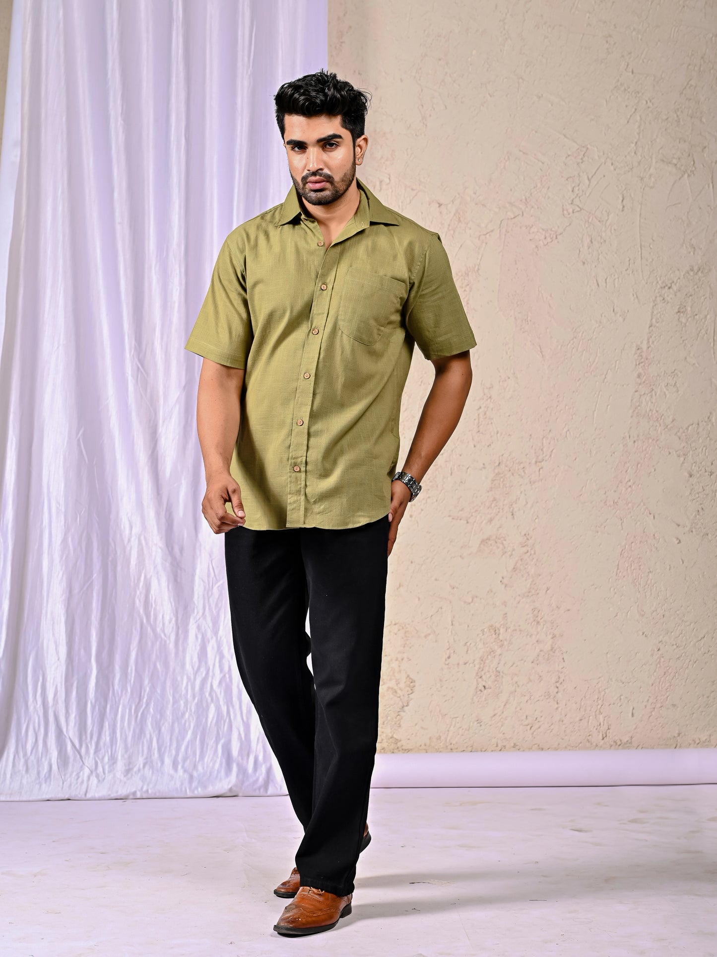Olive Cotton Linen Regular Fit Casual Shirt Front View