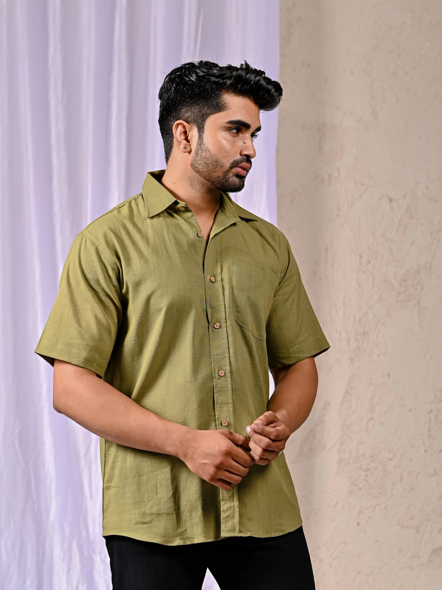 Men’s Olive Cotton Linen Shirt Fabric Detail Close-Up