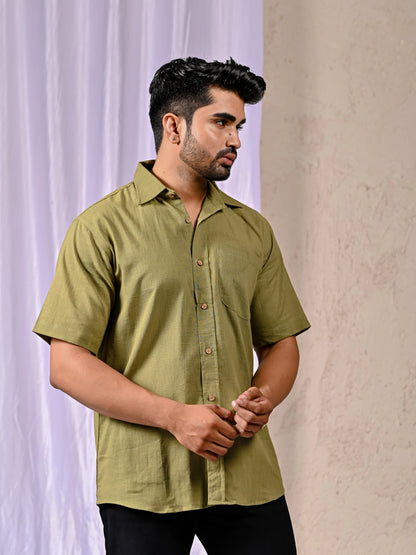 Men’s Olive Cotton Linen Shirt Fabric Detail Close-Up