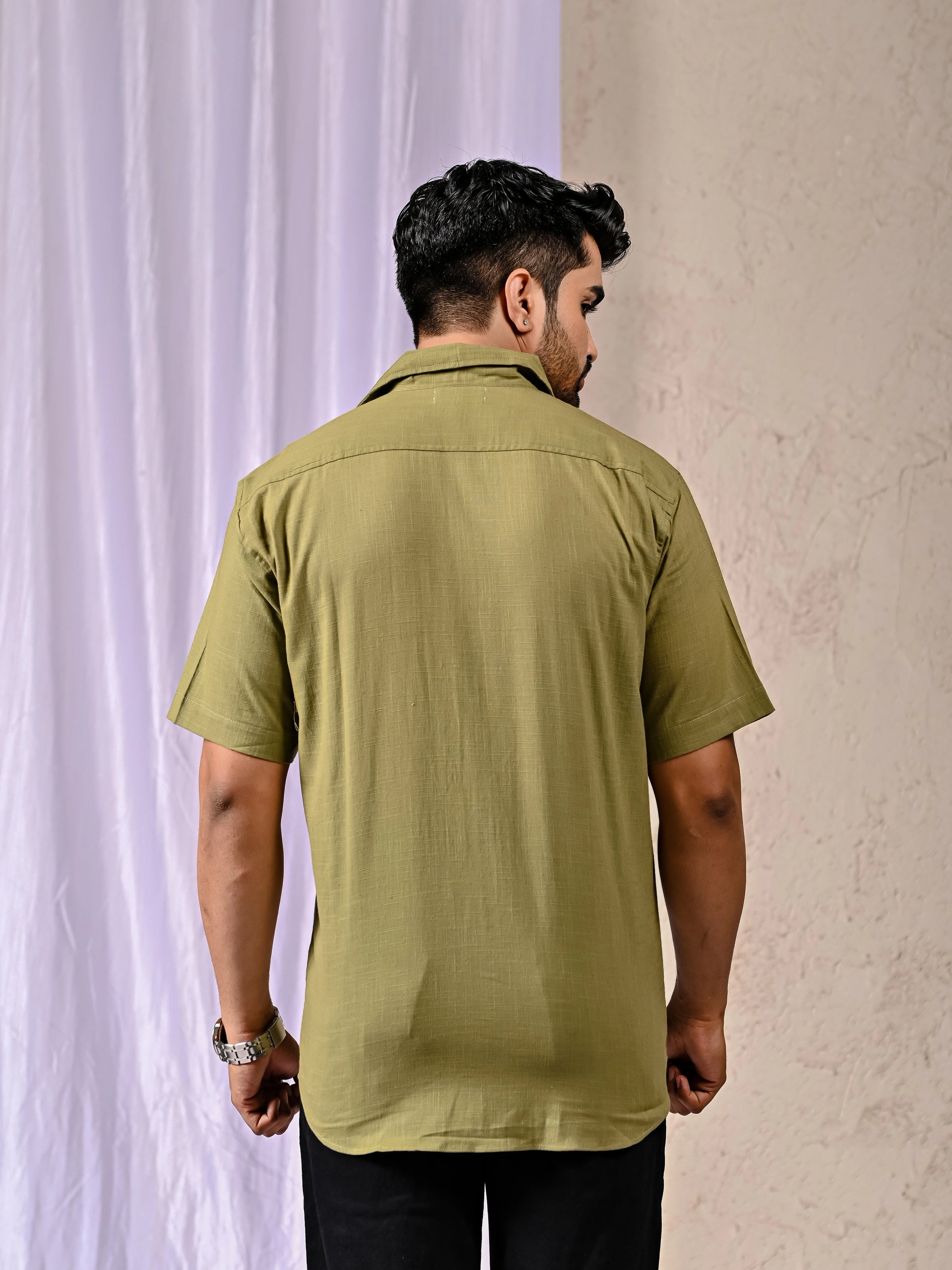 Back View Olive Cotton Linen Half Sleeve Shirt