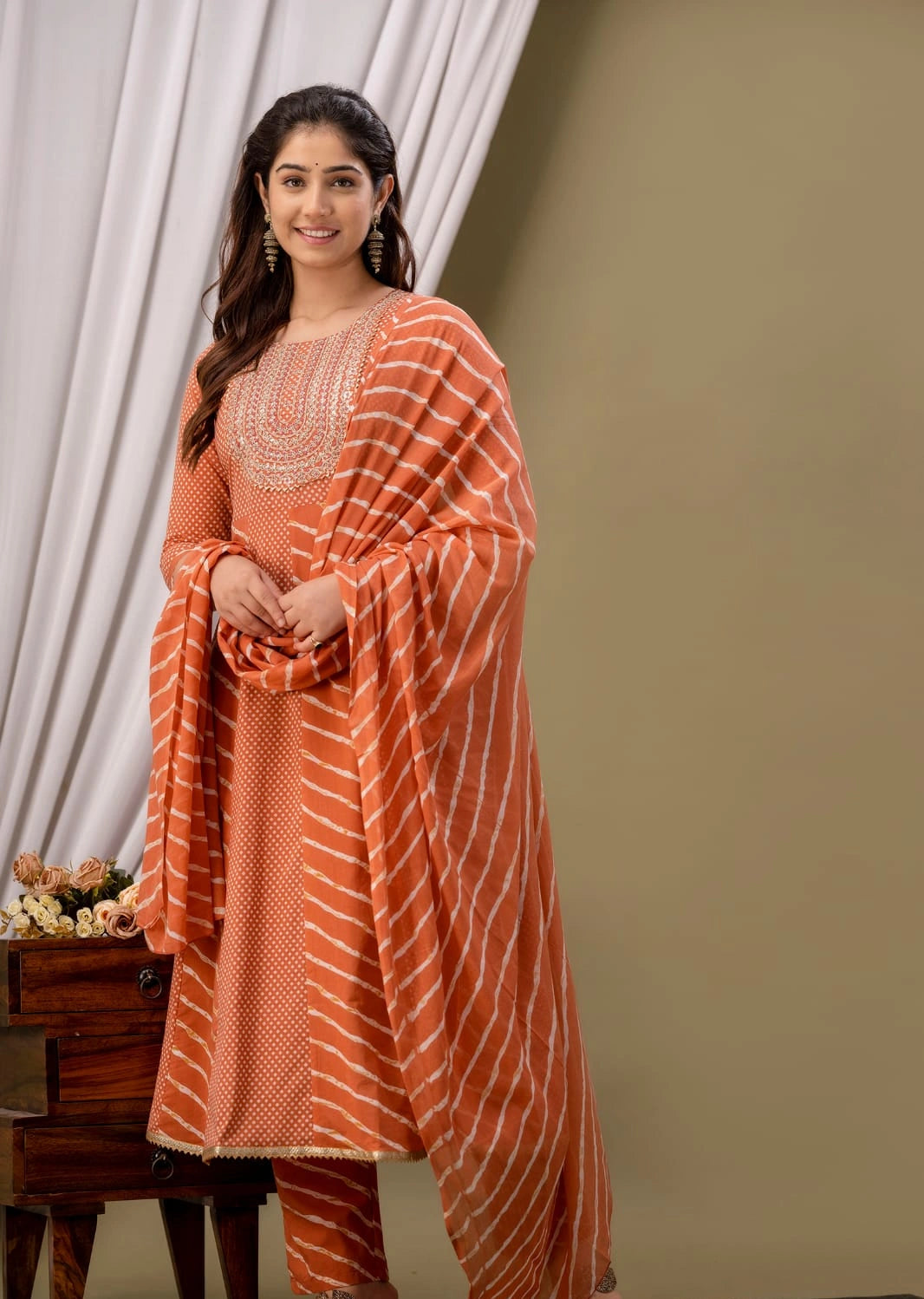 Orange Lehariya Kurta Set