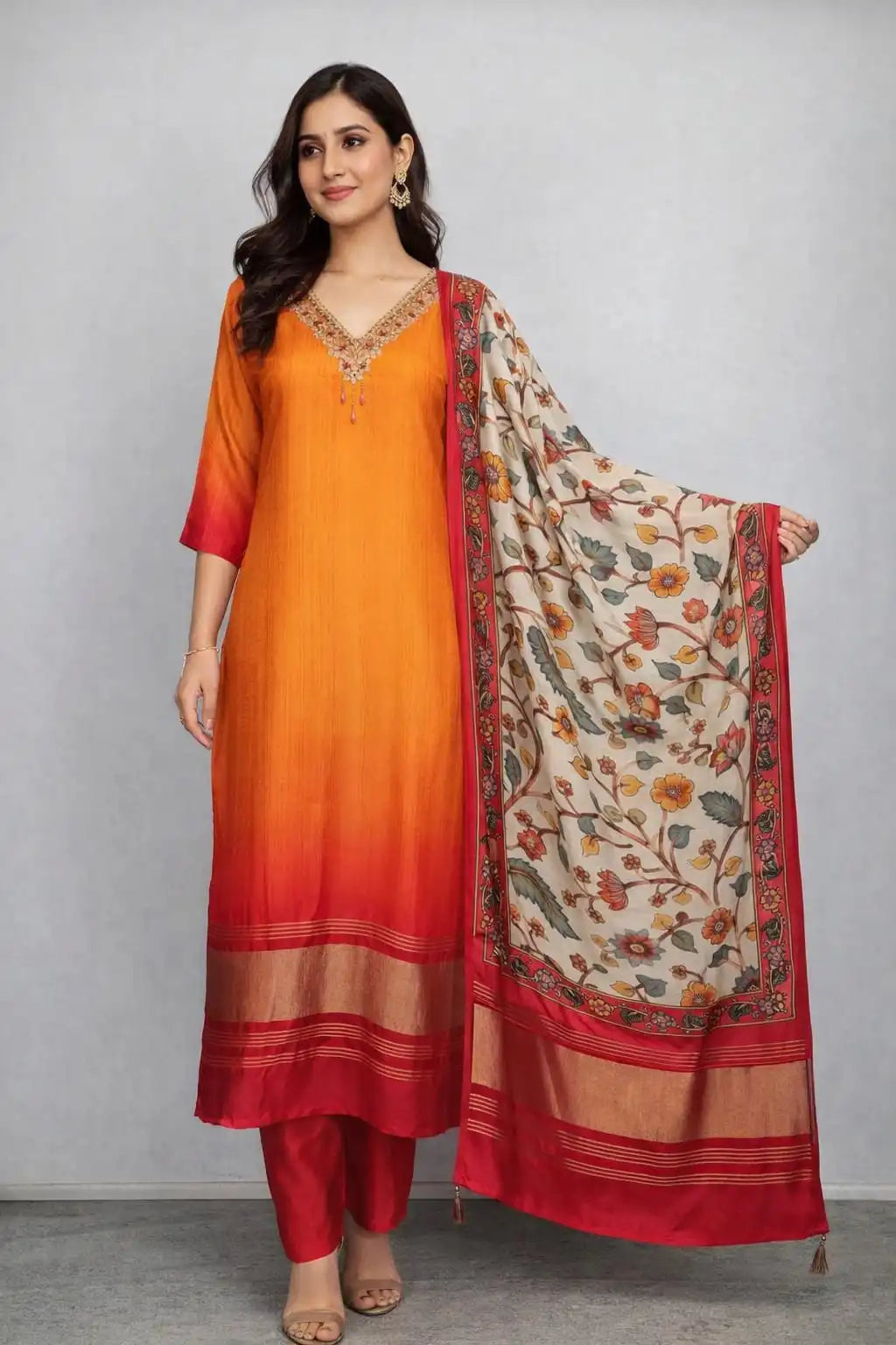 Orange Russian Silk Embroidered Kurta Pant With Printed Dupatta
