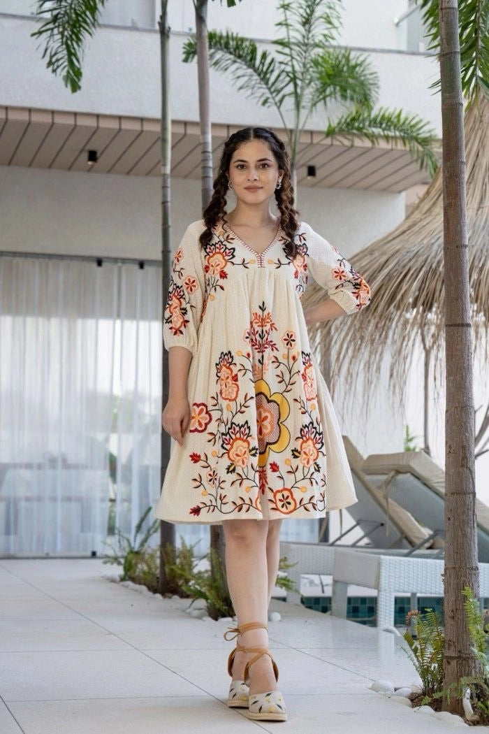 Orange Floral Embroidery on White Cotton Dress Detail