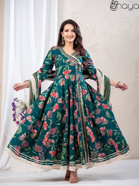 Green Anarkali Kurta Pant and lace work Dupatta