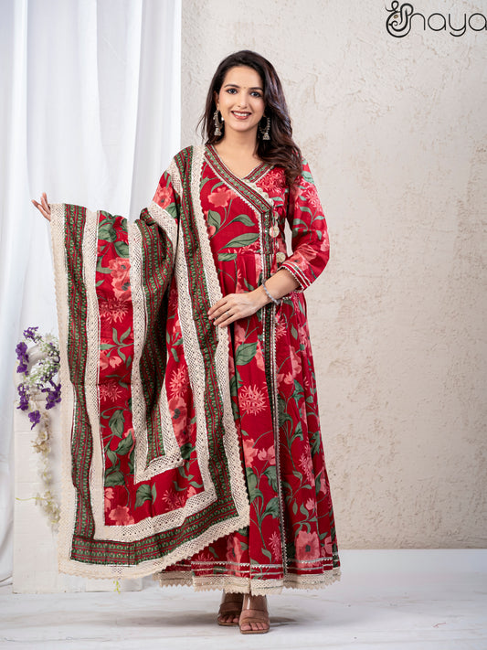 Red Anarkali Kurta Pant and Lace work Dupatta