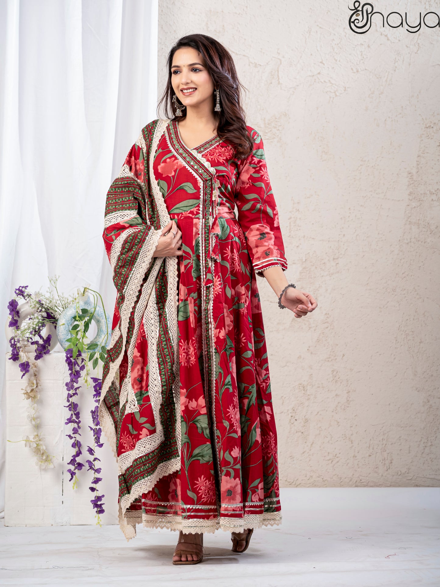 Red Anarkali Kurta Pant and Lace work Dupatta
