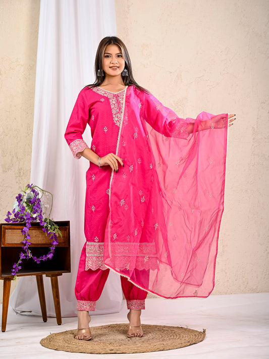 Deep Pink Cotton Embroidered Straight Kurta with Pant and Dupatta
