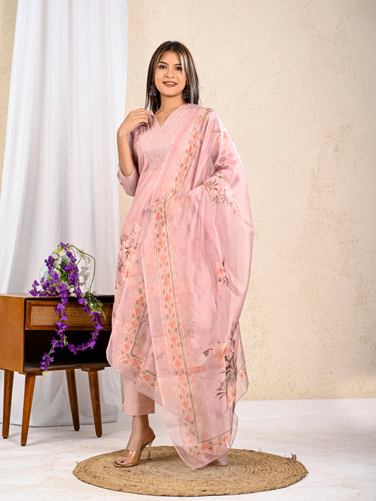 Peach Cotton Embroidered Printed Straight Kurta with Pant and Dupatta