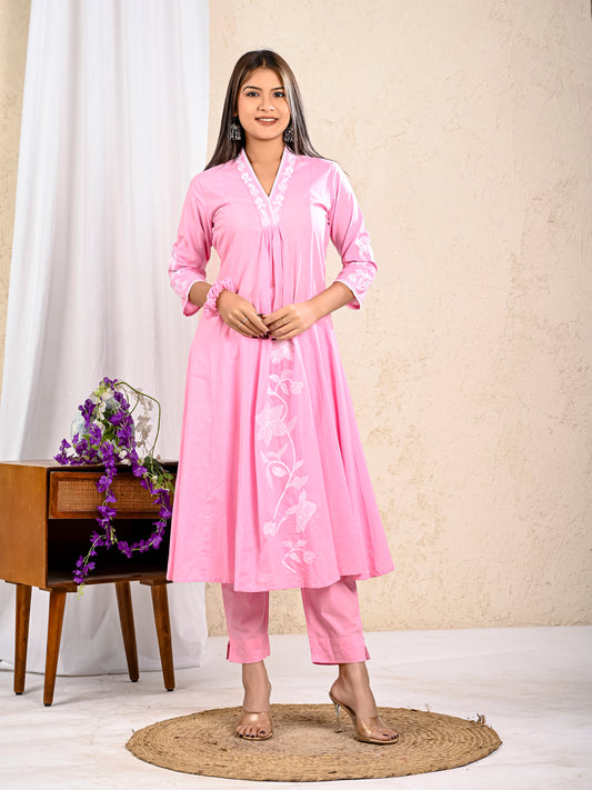Baby Pink Cotton Embroidered A-line Kurta with Pant and Dupatta