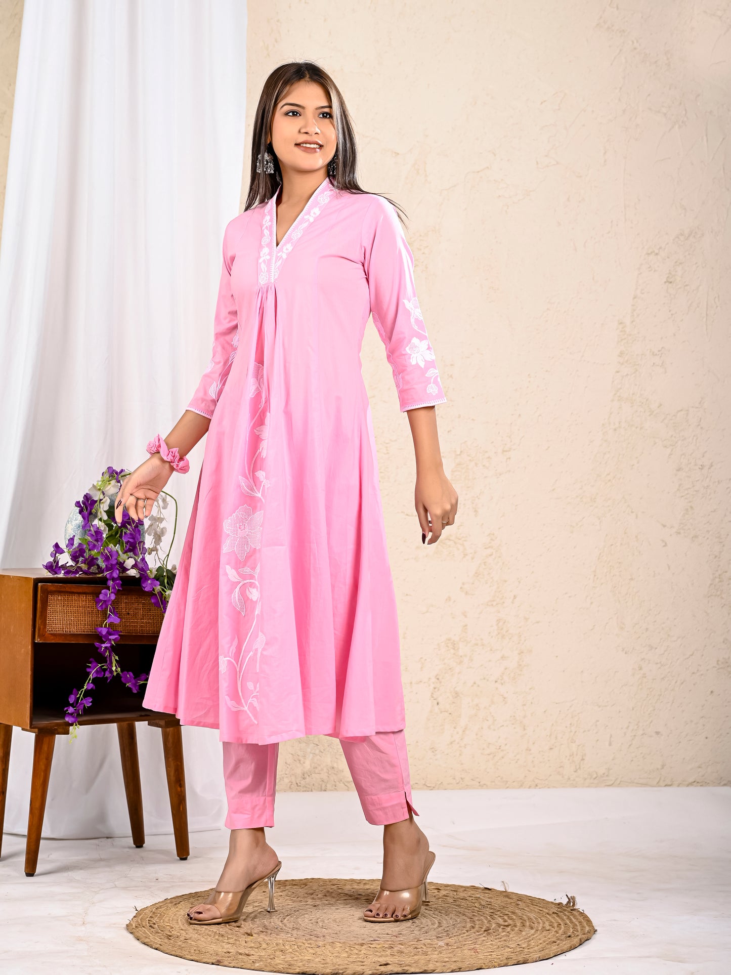 Baby Pink Cotton Embroidered A-line Kurta with Pant and Dupatta