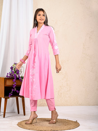 Baby Pink Cotton Embroidered A-line Kurta with Pant and Dupatta